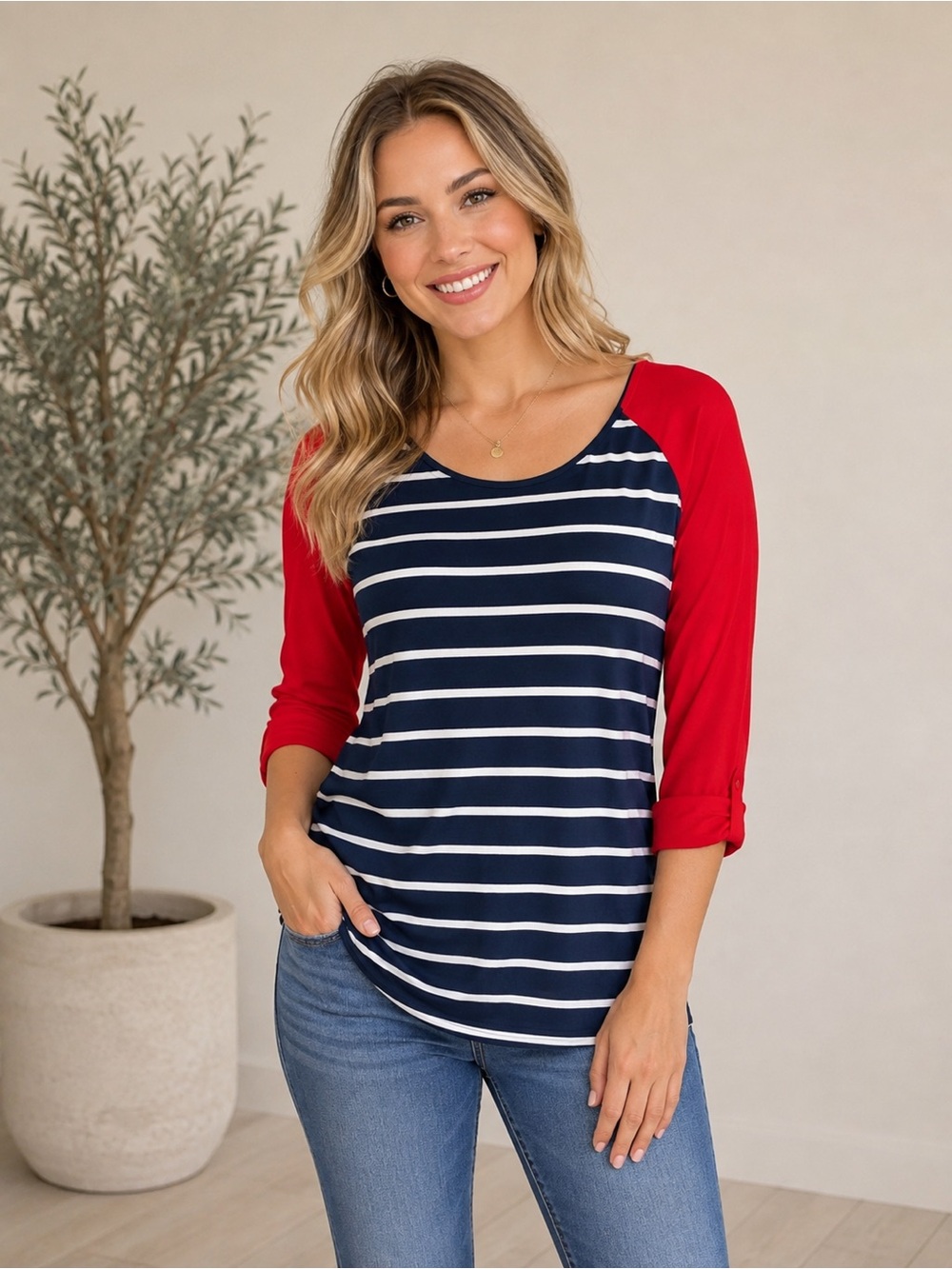 WILA Striped Top - Red, White, & Navy Blue